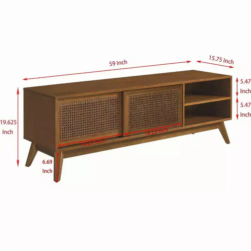 Meuble TV scandinave en rotin de 150 cm pour téléviseurs jusqu'à 65 pouces, base en bois massif avec portes d'armoire en rotin – Bois clair
