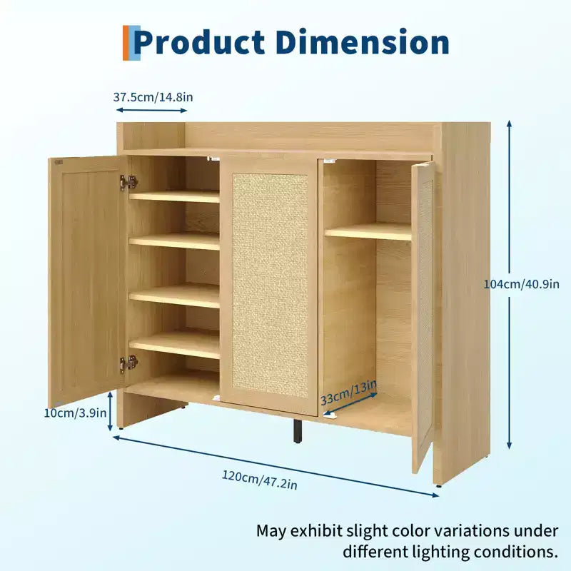 Meuble à chaussures en rotin, meuble de rangement en bois avec 3 portes et étagères réglables pour entrée, salon, couloir, chêne clair