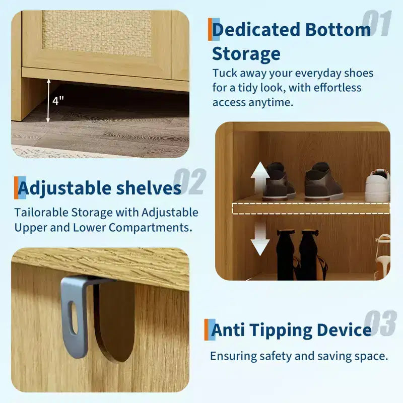 Meuble à chaussures en rotin, meuble de rangement en bois avec 3 portes et étagères réglables pour entrée, salon, couloir, chêne clair