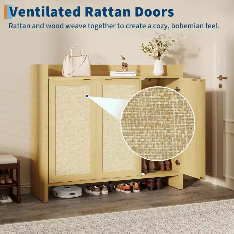 Meuble à chaussures en rotin, meuble de rangement en bois avec 3 portes et étagères réglables pour entrée, salon, couloir, chêne clair