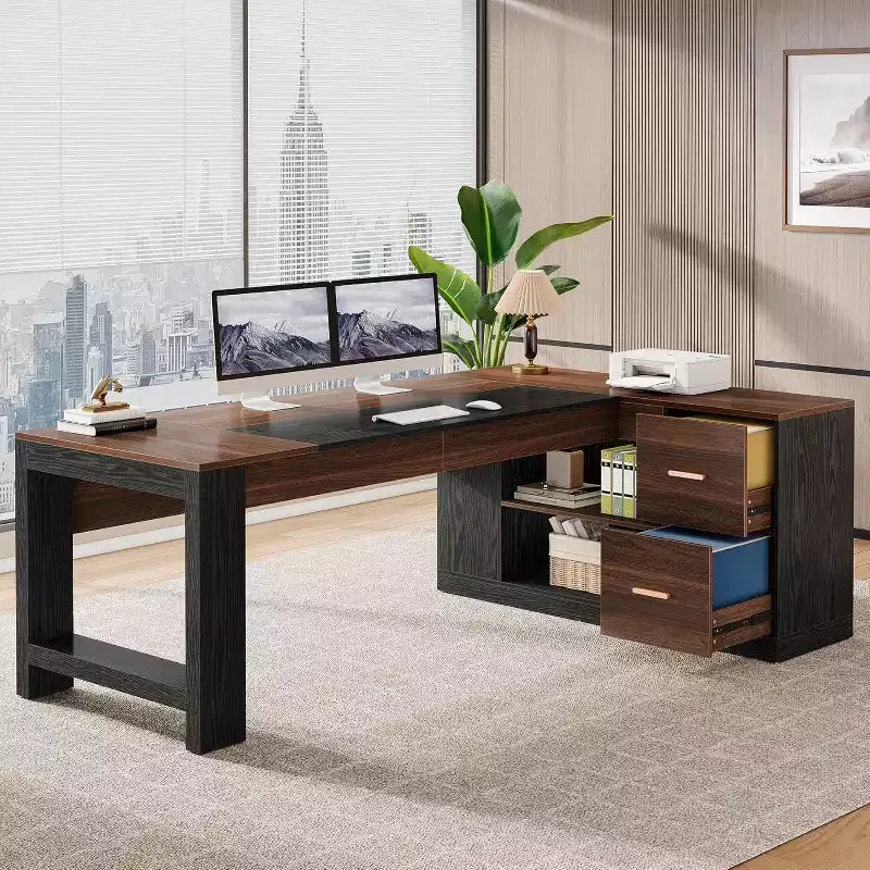Bureau de direction en L de 78 po avec tiroirs, grand bureau d'ordinateur d'angle avec armoire