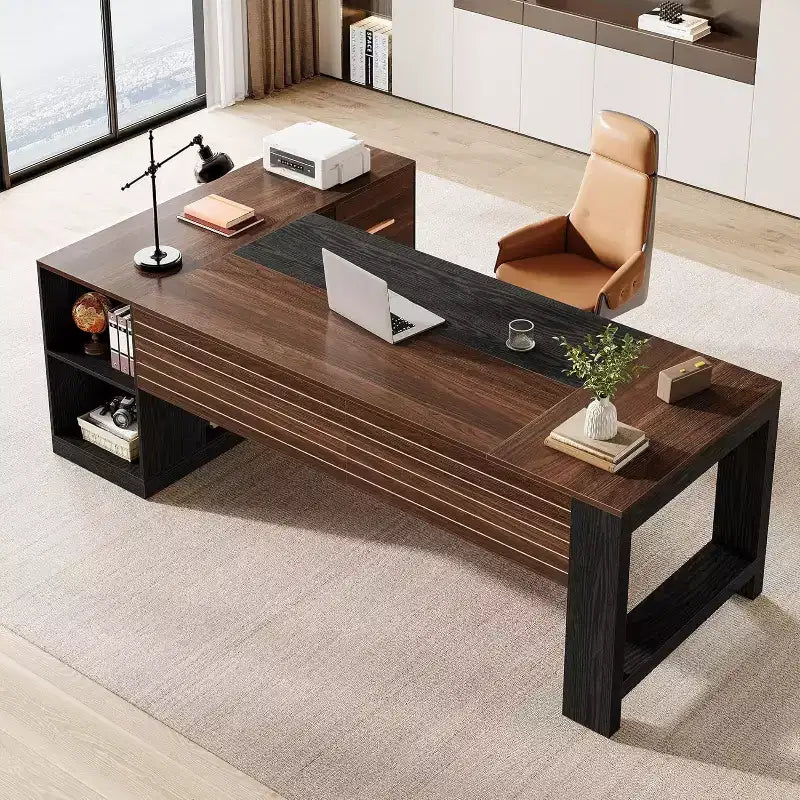 Bureau de direction en L de 78 po avec tiroirs, grand bureau d'ordinateur d'angle avec armoire