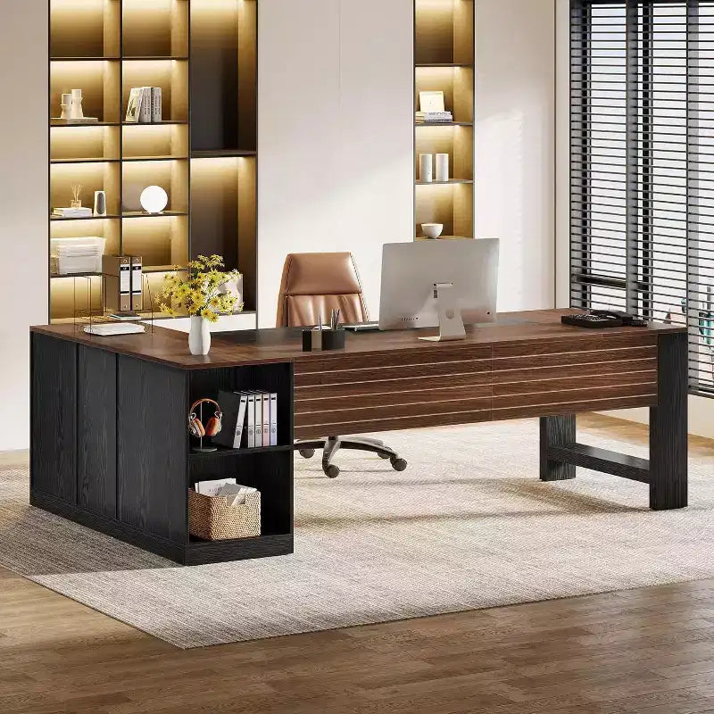 Bureau de direction en L de 78 po avec tiroirs, grand bureau d'ordinateur d'angle avec armoire