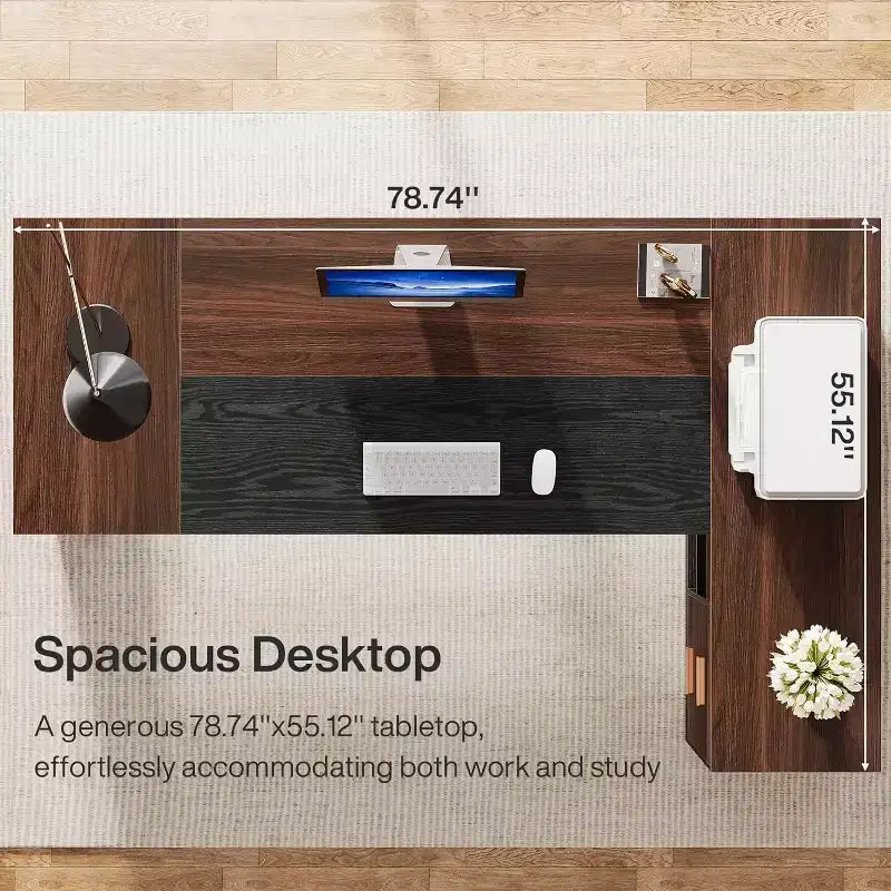Bureau de direction en L de 78 po avec tiroirs, grand bureau d'ordinateur d'angle avec armoire