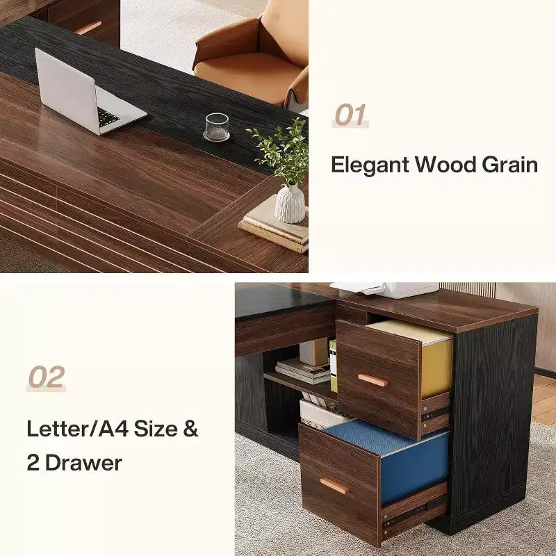 Bureau de direction en L de 78 po avec tiroirs, grand bureau d'ordinateur d'angle avec armoire