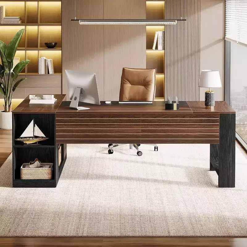 Bureau de direction en L de 78 po avec tiroirs, grand bureau d'ordinateur d'angle avec armoire