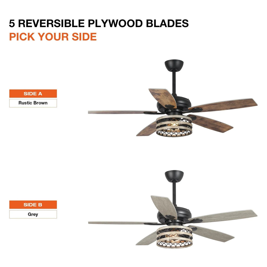 Ventilateur de plafond 52" Farmhouse Driftwood avec 5 pales, cage noire et télécommande
