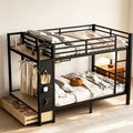 Lit superposé en métal de taille Queen sur Queen pour adolescents avec étagères de rangement, tiroirs et panneau perforé, noir