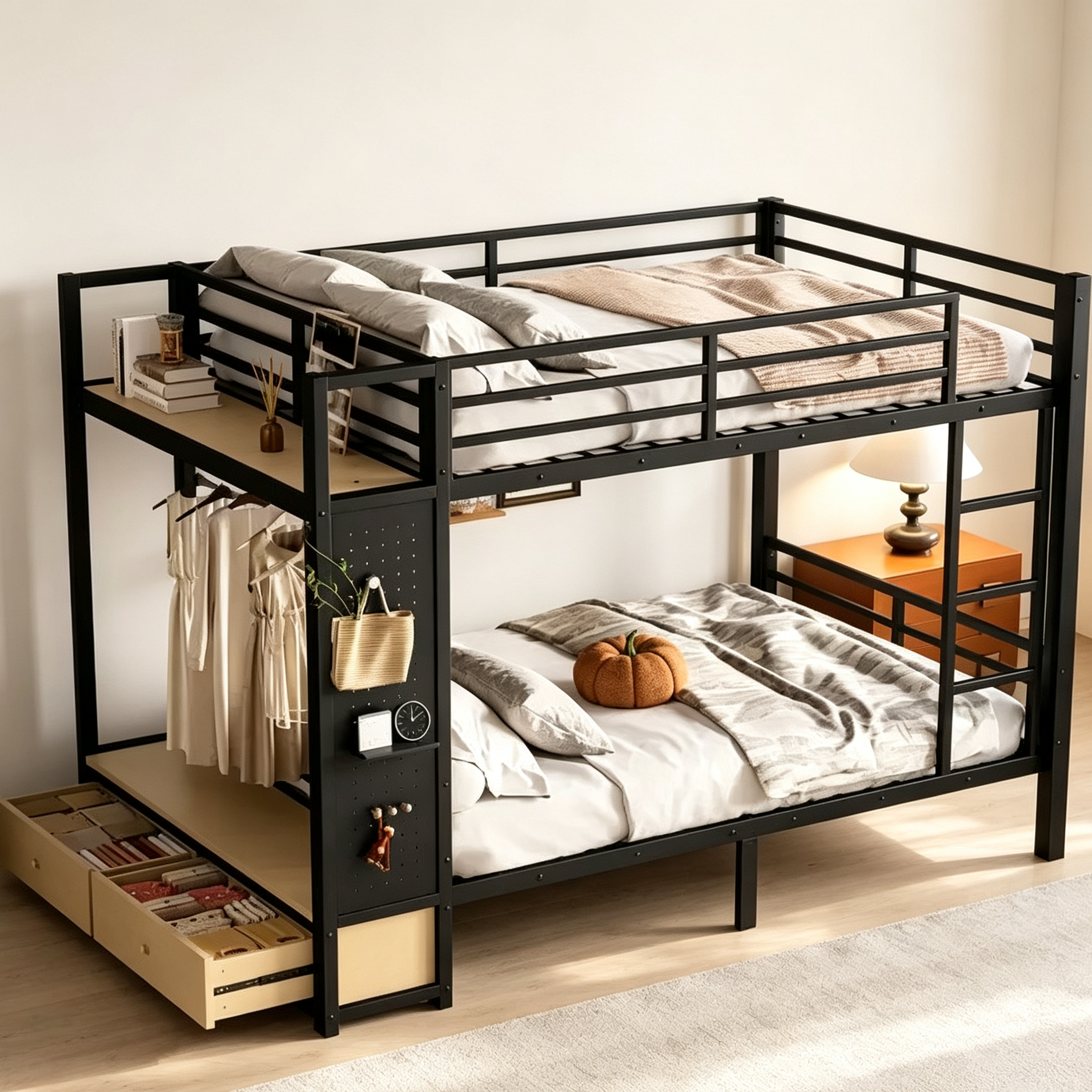 Lit superposé en métal de taille Queen sur Queen pour adolescents avec étagères de rangement, tiroirs et panneau perforé, noir