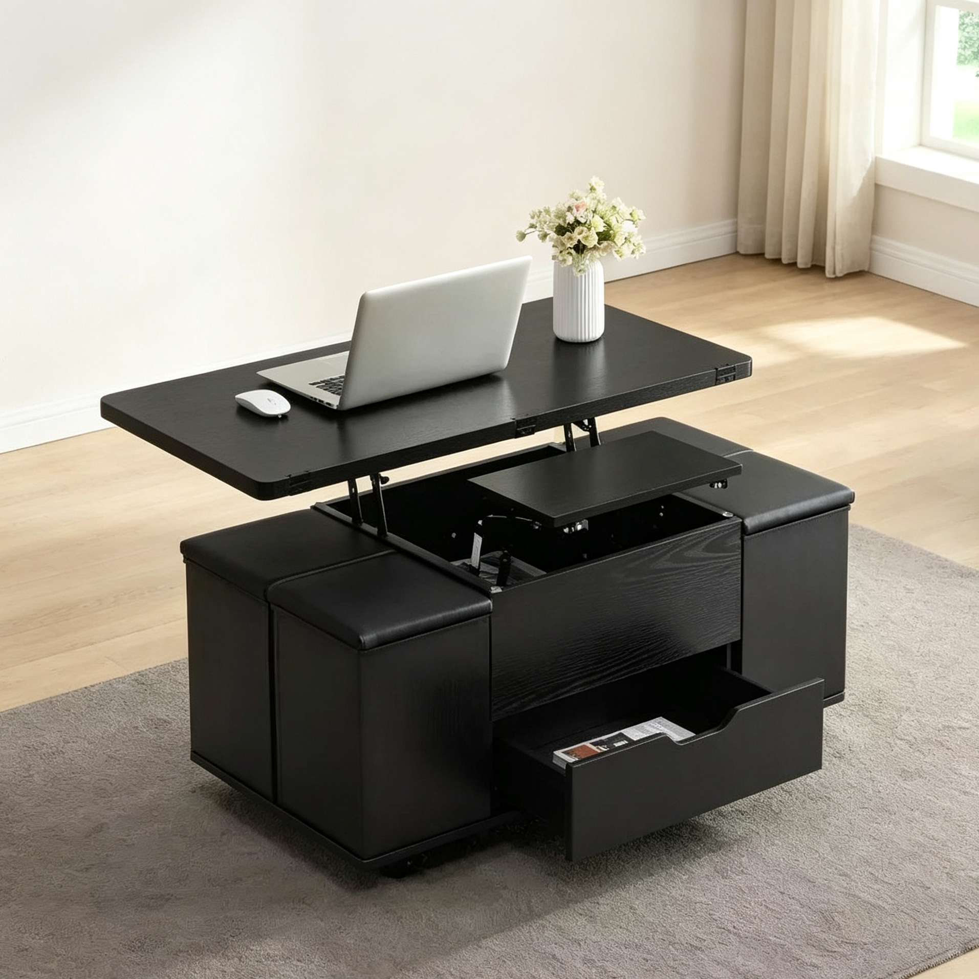 Table basse relevable moderne avec rangement et tabourets, table centrale multifonctionnelle mobile pour petits salons ou appartements