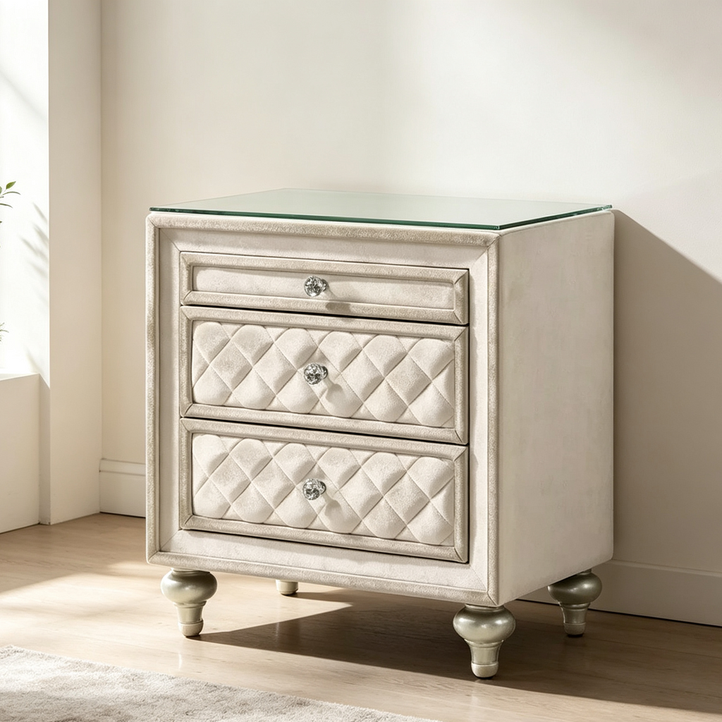 Table de chevet avec 2 tiroirs et plateau coulissant, bois 68,5 cm, velours beige