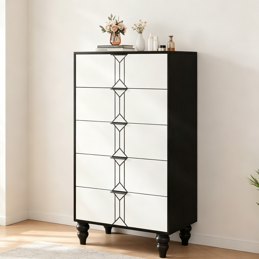 Commode à 5 tiroirs, style moderne avec motif vintage et rangement profond pour chambre à coucher, entrée