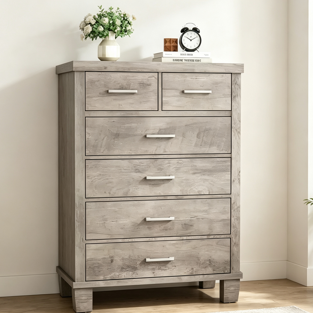 Commode haute à 6 tiroirs, commode moderne avec poignées métalliques, organisateur de rangement pour chambre à coucher ou placard