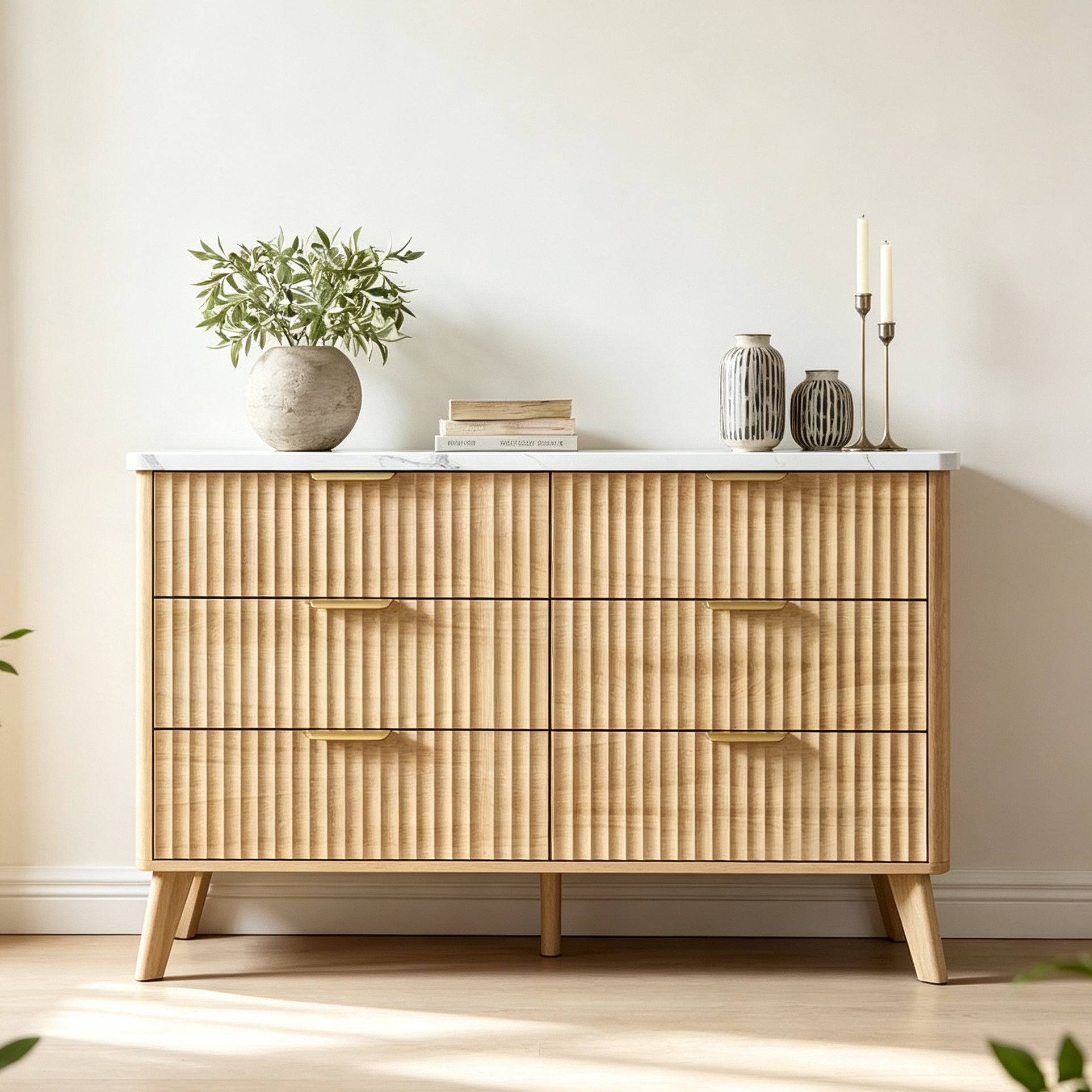 Commode 6 tiroirs pour chambre à coucher, large commode de 120 cm avec motif épais et grand design