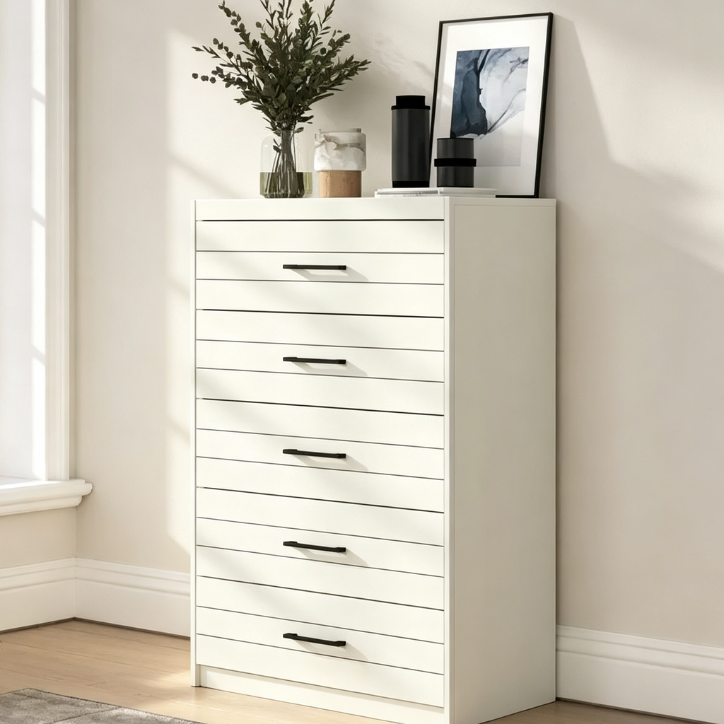 Commode à 5 tiroirs avec système de verrouillage de sécurité en chêne blanc perlé 30,7 L x 16,1 P x 45,8 H