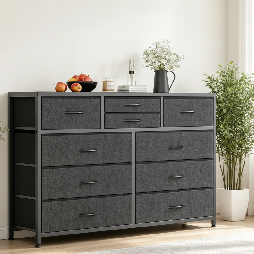 Commode à 10 tiroirs en tissu moderne, meuble de rangement avec plateau en bois et cadre en acier pour chambre à coucher ou couloir