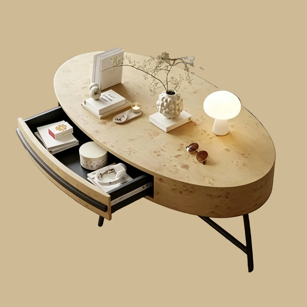 Table basse ovale avec tiroir, table basse moderne du milieu du siècle, table basse en bois de 120 cm avec rangement et pieds en métal croisés, design incurvé