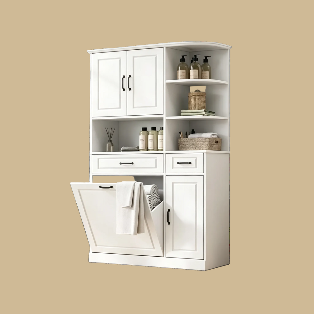 Meuble de rangement blanc haut autoportant avec tiroirs, portes et étagères réglables, MDF