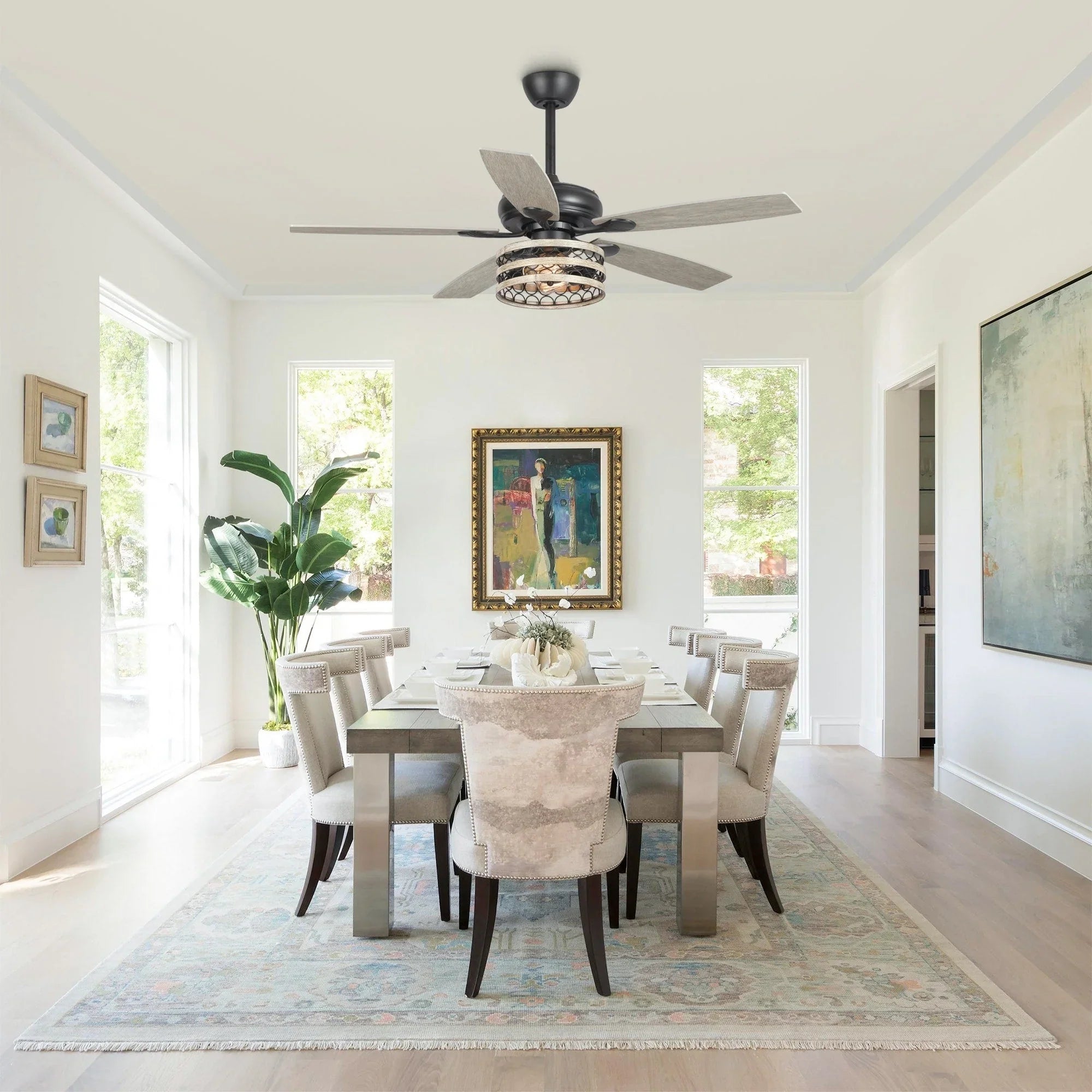 Ventilateur de plafond 52" Farmhouse Driftwood avec 5 pales, cage noire et télécommande